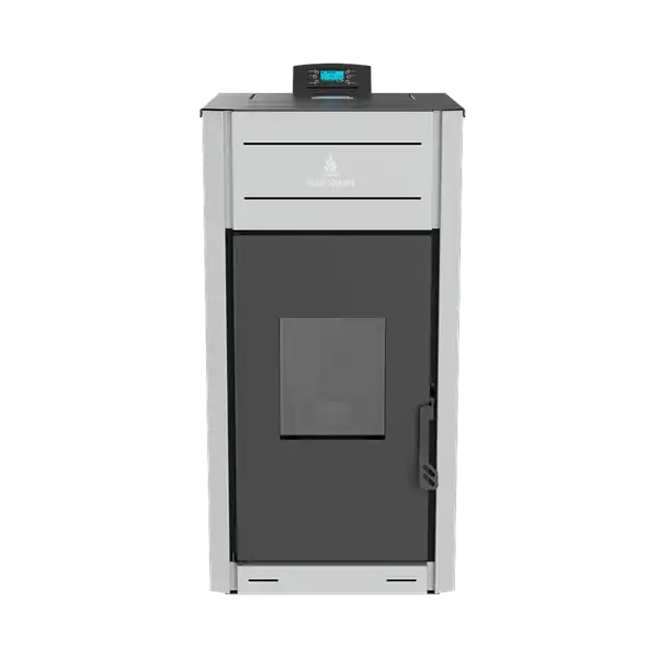 Kamin na pelet Mareli UNO 24. Snaga predata zracenju 3kW, snaga predata vodi 21kW. Kamin poseduje ekran sa tasterima koji svetli plavo.