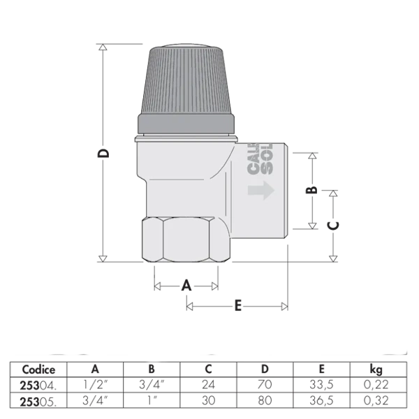 Sigurnosni ventil 253 1/2" 6bar Caleffi za solarne sisteme. Povećan izlivni ispust. Priključak: G 1/2" (ISO 228-1) Ž. Ispusni priključak: G 3/4" (ISO 228-1) ŽN.
